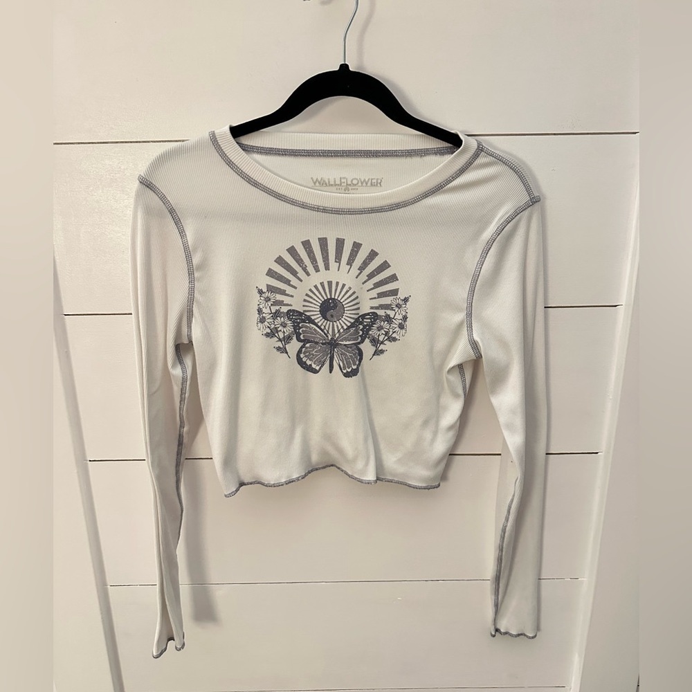 Y2K WALLFLOWER Woman L Graphic long sleeve crop tunic White Blue Polyester 90's